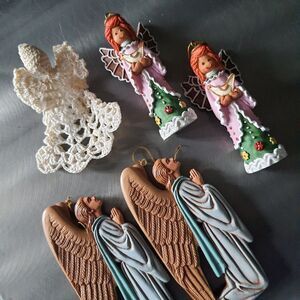 Vintage Lot Of 5 Angel Christmas Tree Ornaments Gingerbread Crochet Kneeling